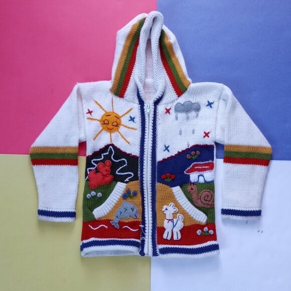 Vintage Handmade Animals & Friends Knitted Zip-Up Sweater - Picture 1 of 7